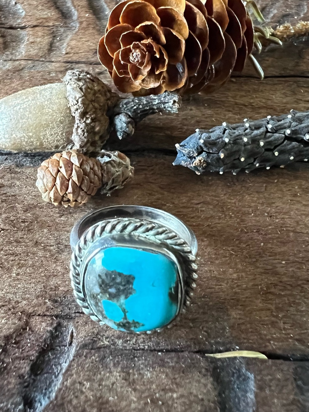 Navajo Ring Blue Turquoise Pyrite Webbing Square Rope Sterling Silver 5